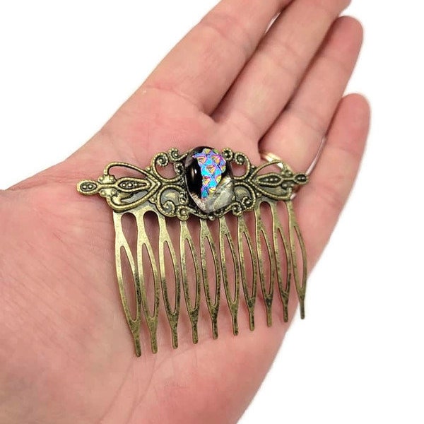 Dichroic Fused Glass Hair Comb, Hair Accessories, Wedding,  Bronze Tone, Victorian Style, Up Do, Pink Blue, Clip, Woman's Gift, Boho, Hippie