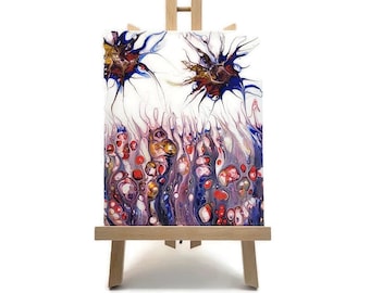 Fluid Art Abstract Painting: Caterpillar Garden, Red White Blue (8x10 Stretched Canvas)