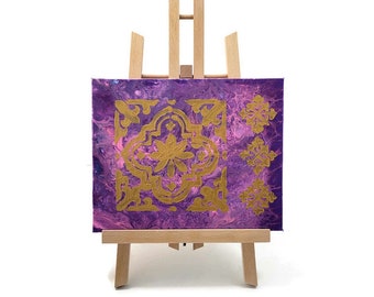 Acrylic Fluid Art Painting: Bohemian Gold Stencil (8x10)