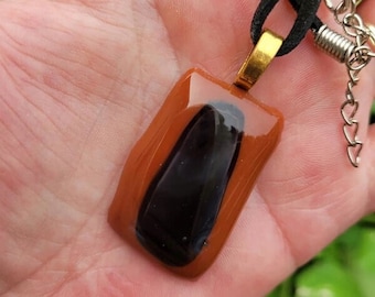 Brown And Black Fused Glass Pendant Necklace, Boho Jewelry, Hippie Fashion, Unisex, Gift Idea, Birthday, Fall And Winter Wear, Earth Tones