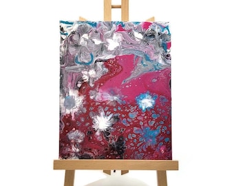 Abstract Fluid Art Painting: Red, Pink, Blue, and Grey (8x10 Stretched Canvas)