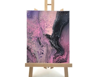 Original Acrylic Pour Painting: Purple, Pink, Black Abstract Art (8x10)