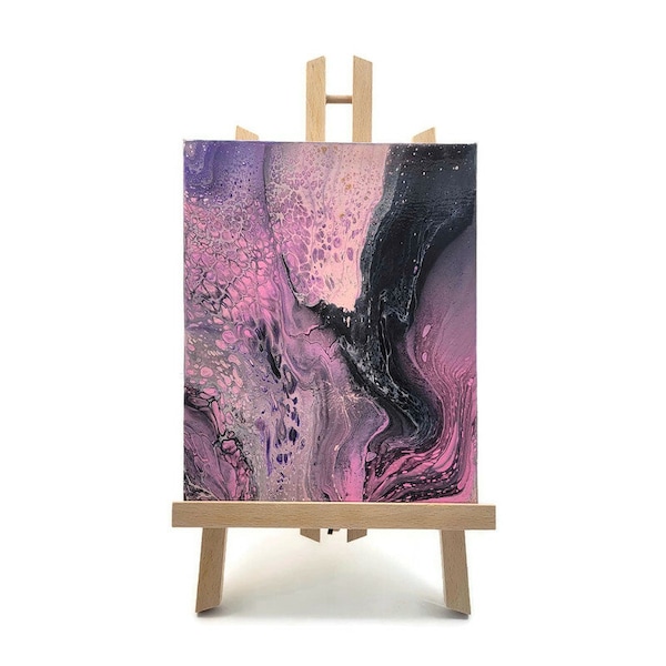 Acrylic Fluid Art Painting, Stretched Canvas, Original 8"x10", Abstract, Home Decor, Gift, Wall Hanging, Purple Black Pink, Pour Painting