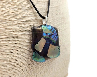 Large Dichroic Fused Glass Pendant Necklace, Earth Tone Multi Colored, Jewelry, Patch Work, Looks like Gold Leaf, Woman's Gift, Boho, Hippie