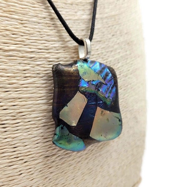 Large Dichroic Fused Glass Pendant Necklace, Earth Tone Multi Colored, Jewelry, Patch Work, Looks like Gold Leaf, Woman's Gift, Boho, Hippie