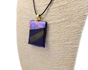 Dichroic Fused Glass Pendant Necklace: Blue Pink Boho Jewelry