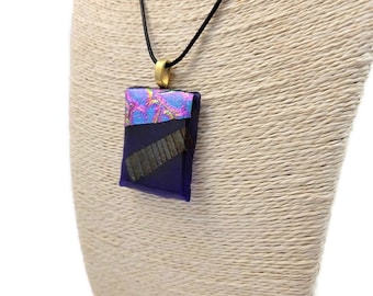 Large Dichroic Blue Pink Yellow And Brown Fused Glass Pendant Necklace, Jewelry, Fashion, Boho, Rectangle Shape, Hippie, Woman's Gift, Shiny