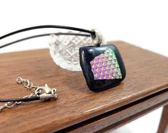 Pink Dichroic Fused Glass Pendant Necklace, Jewelry, Ethnic Fashion, Boho, Sparkle, Rainbow, Gift, Birthday, Hippie, Square Green And Sliver