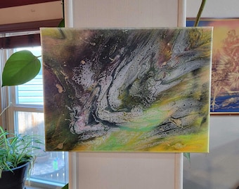 Fluid Acrylic Pour Painting: Green, Yellow, Purple Abstract Art (16"x12")