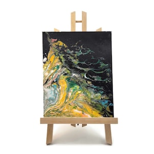 Acrylic Fluid Art Painting, Stretched Canvas, Original 8x10, Abstract Art, Home Decor, Mom Gift,  Wall Hanging, Autumn Night, Black Gold Art