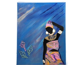 Caribbean Woman Acrylic Painting: Island Life, Shell Accents (14"x11")