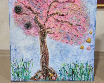 Textured Pink Tree Painting, Resin Roses Hearts Art, Whimsical Love Tree Wall Decor 12"x12"