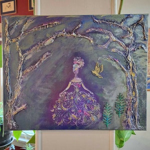 May include: A painting of a woman in a purple and gold dress standing in a forest. The trees are painted in a dark green and gold color. The woman has a flower crown on her head and a bird is flying above her.