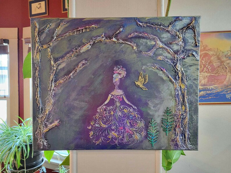 May include: A painting of a woman in a purple and gold dress standing in a forest. The trees are painted in a dark green and gold color. The woman has a flower crown on her head and a bird is flying above her.