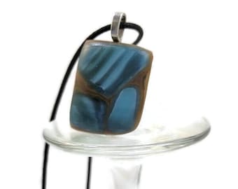Fused Glass Pendant Necklace: Brown & Blue Boho Statement Jewelry