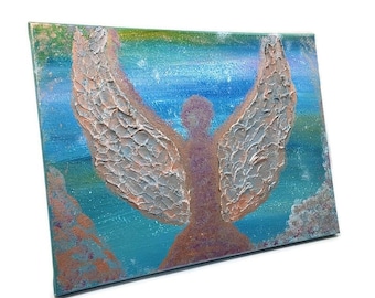 Textured Wing Guardian Angel Painting: Abstract Acrylic Canvas Art (16x12)
