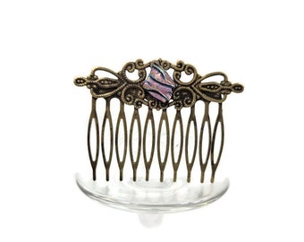 Victorian Bronze Tone Hair Comb, Pink Dichroic Fused Glass, Accessories, Wedding, Romantic, Up Do, Decorative, Prom, Sweet 16 Birthday, Boho