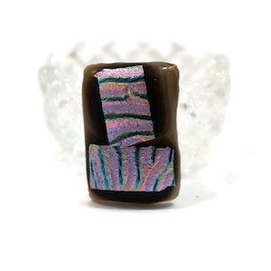 Dichroic Fused Glass Cabochon, DIY Supplies, Jewelry Making, Focal Bead, Necklace Supplies, Rectangle, Pink Blue Striped, Crafts, Gift Idea