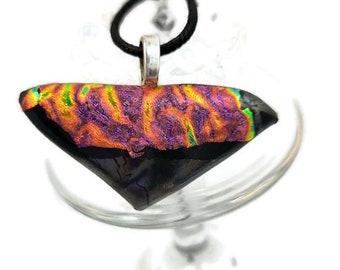 Triangle Shaped Dichroic Fused Glass Pendant Necklace, Black, Orange, Green, Purple, Jewelry, Ethnic Fashion, Boho, Hippie, Statement Gift