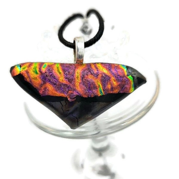 Triangle Shaped Dichroic Fused Glass Pendant Necklace, Black, Orange, Green, Purple, Jewelry, Ethnic Fashion, Boho, Hippie, Statement Gift