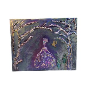 May include: A mixed media painting on canvas featuring a woman in a purple and gold dress standing in a forest setting. The background is a dark purple with gold and silver accents. The woman is surrounded by trees and a bird.