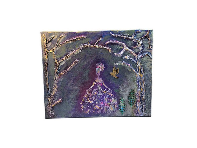 May include: A mixed media painting on canvas featuring a woman in a purple and gold dress standing in a forest setting. The background is a dark purple with gold and silver accents. The woman is surrounded by trees and a bird.