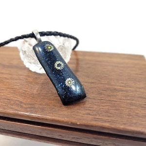 Dark Blue With Glitter And Flowers Fused Glass Pendant Necklace, Jewelry, Dichroic, Fashion, Boho, Flower Power , Nature Lover, Free Spirit