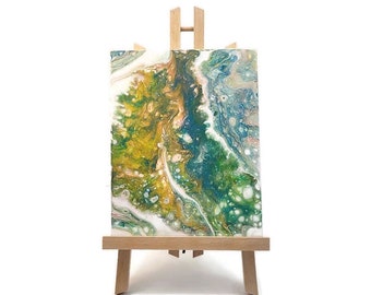 Original Acrylic Fluid Art Painting: Green, Blue, Yellow Abstract (8x10)