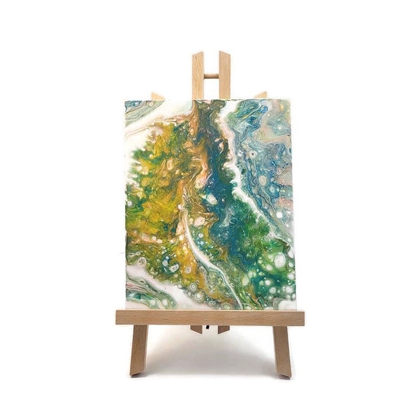 Acrylic Fluid Art Painting, Stretched Canvas, Original 8x10, Abstract Art, Home Decor, Mom Gift,  Wall Hanging, Peaceful, Green Blue Yellow