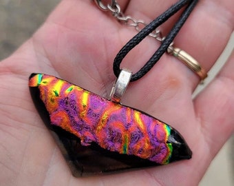 Dichroic Fused Glass Pendant Necklace: Triangle Boho Statement Jewelry