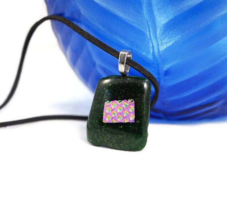 Green Glitter And Pink Dichroic Fused Glass Pendant Necklace, Jewelry, Fashion, Boho, Christmas Necklace, Shimmer, Boho Hippie, Woman's Gift image 7