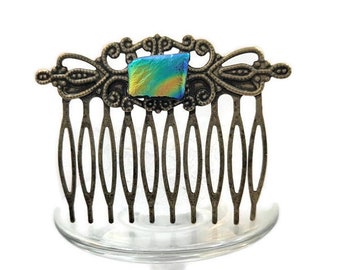 Fused Glass Hair Comb, Accessories, Wedding, Jewelry, Bohemian, Prom, Hippie, Dichroic Glass, Beach Vibe, Updo, Girlfriend Gift,  Blue Gold