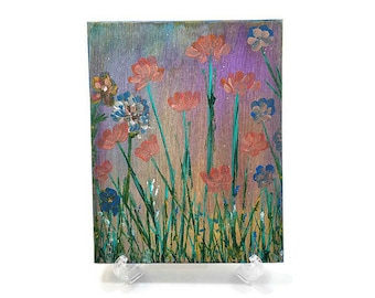 Wild Flowers In A Meadow Painting, Landscape, Stretched Canvas, Original 8x10, Home Decor, Woman's Gift, Birthday, Mothers Day, Wall Art