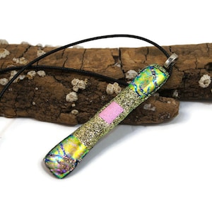 Long And Thin Sparkle Dichroic Fused Glass Necklace Pendant, Gold Pink and Green, Easter, Woman&#39;s Gift, Boho, Hippie, Glitter Shiny Shimmer