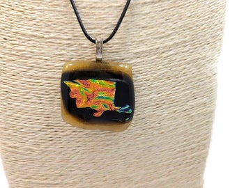 Dichroic Fused Glass Pendant Necklace, Jewelry, Boho, Hippie Vibe, Brown Tones With Fire Orange Green And Gold, Casual Wear Fashion, Shiny