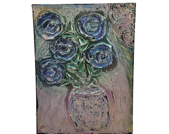 Textured Floral Painting, Purple Blue Roses, Shabby Chic Canvas Art 16"x12"