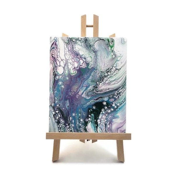 Acrylic Fluid Art Painting, Stretched Canvas, Original 8"x10", Abstract Art, Home Decor, Purple Silver Green Blue White, Fantasy, Beach Vibe