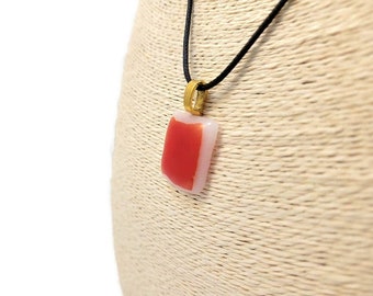 Orange And White Fused Glass Pendant Necklace, Summer, Autumn, Square Shape, Casual Wear Jewelry, Unisex, Birthday Gift Idea, 60's Inspired