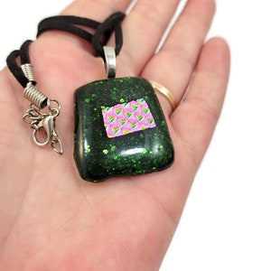 Green Glitter And Pink Dichroic Fused Glass Pendant Necklace, Jewelry, Fashion, Boho, Christmas Necklace, Shimmer, Boho Hippie, Woman's Gift image 1