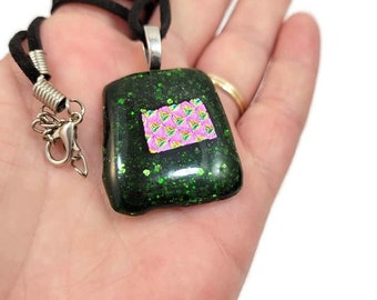 Dichroic Fused Glass Pendant Necklace: Green Glitter, Pink Boho Jewelry