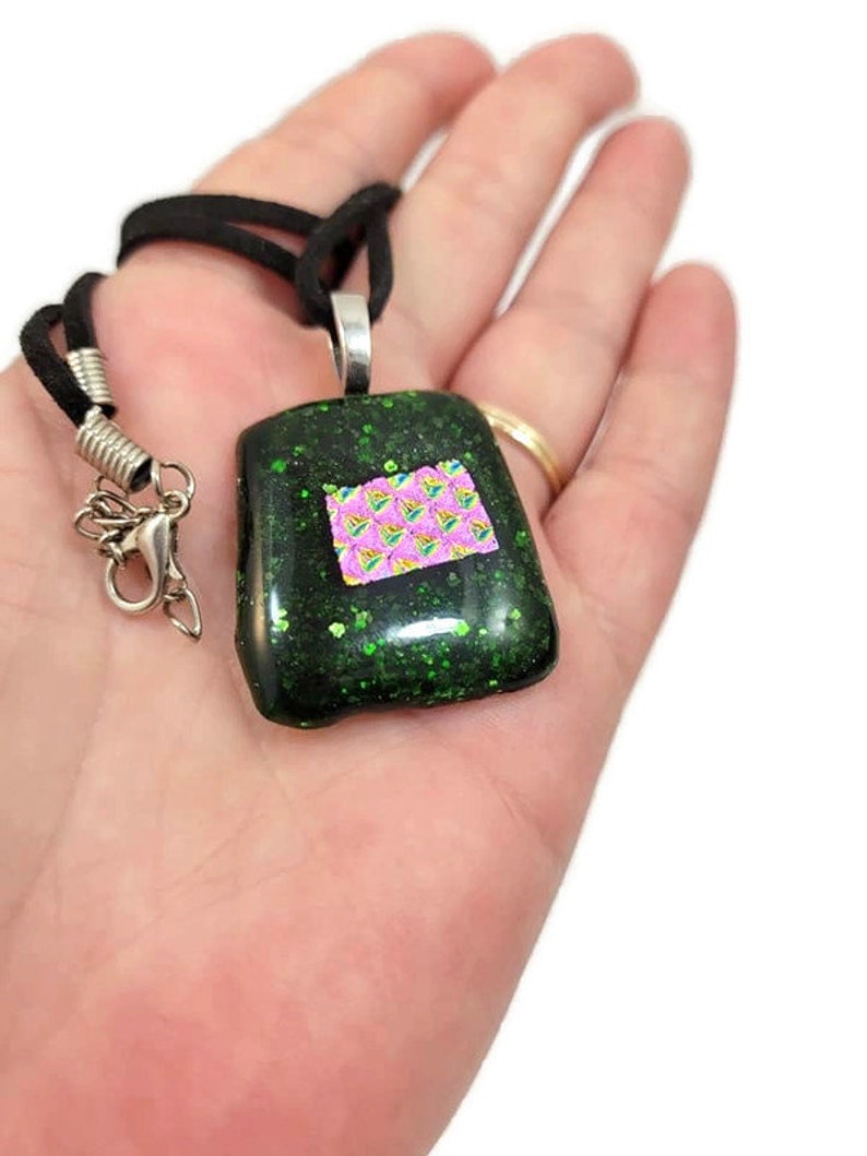 Green Glitter And Pink Dichroic Fused Glass Pendant Necklace, Jewelry, Fashion, Boho, Christmas Necklace, Shimmer, Boho Hippie, Woman's Gift image 1