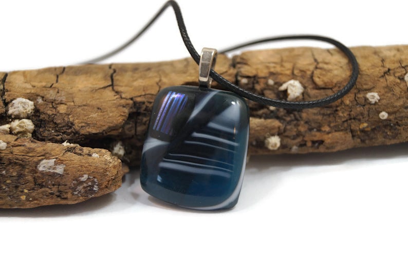 Unisex Blue and White Fused Glass Pendant Necklace Blue Glass Necklace Pendant Hippie Necklace Boho Necklace Dichroic Accent Necklace