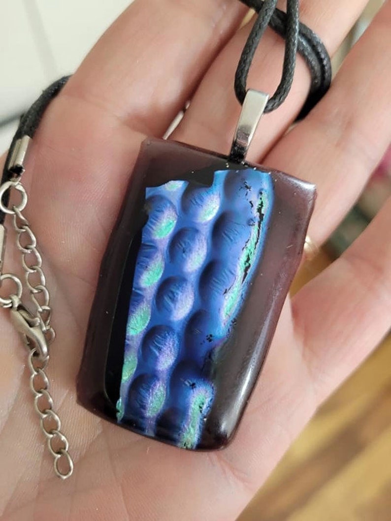 Dark Purple With Blue Green Silver Bubble Dichroic Fused Glass Pendant Necklace, Jewelry, Fashion, Boho Style, Hippie, Large, Birthday Gift image 6