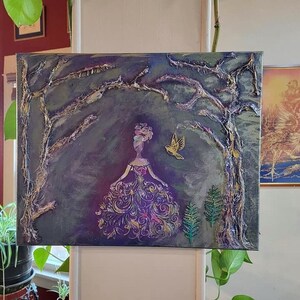 May include: A painting of a woman in a purple and gold dress standing in a forest. The woman is surrounded by trees and a bird is flying above her. The painting has a textured, 3D effect.