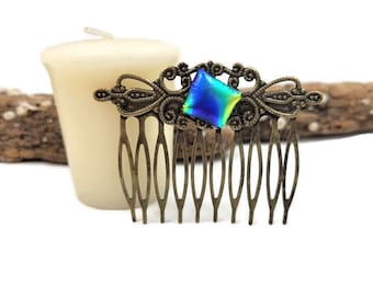 Dichroic Fused Glass Hair Comb: Antique Bronze Boho Updo