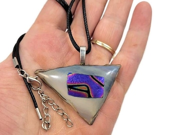 Large Dichroic Fused Glass Pendant Necklace, Gray Brown Purple Pink, Jewelry, Triangle Shape, Boho, Hippie, Woman's Gift, Birthday, Edgy