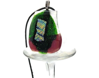 Dichroic Fused Glass Pendant Necklace: Red, Green, Silver Glitter Statement Jewelry