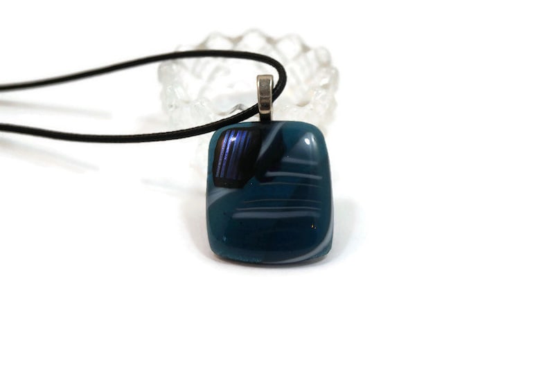 Unisex Blue and White Fused Glass Pendant Necklace Blue Glass Necklace Pendant Hippie Necklace Boho Necklace Dichroic Accent Necklace