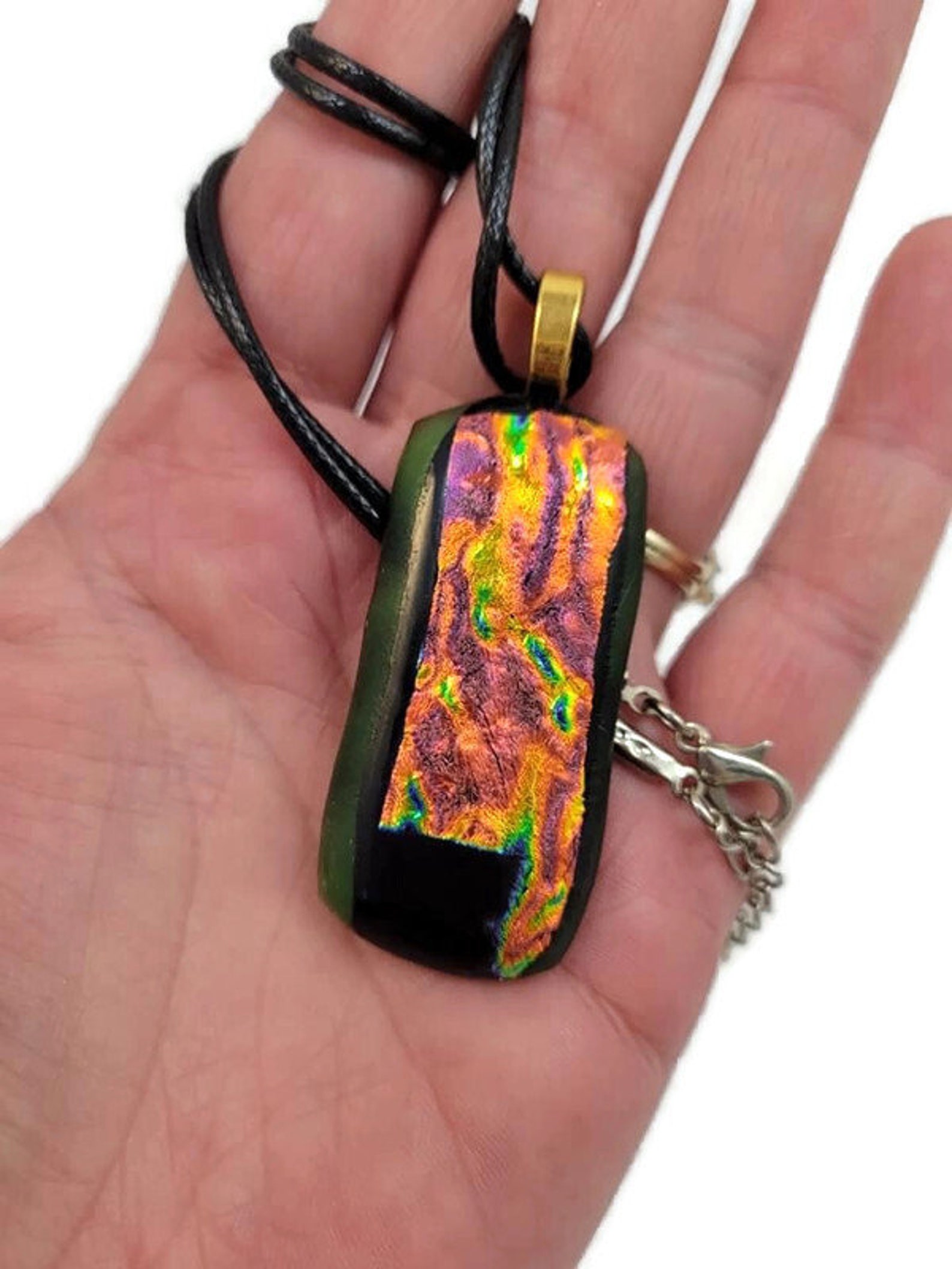 Dichroic Fused Glass Pendant Necklace, Green With Fire Orange, Boho
