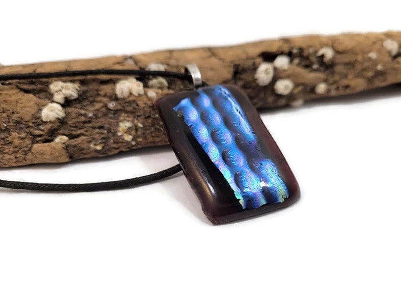 Dark Purple With Blue Green Silver Bubble Dichroic Fused Glass Pendant Necklace, Jewelry, Fashion, Boho Style, Hippie, Large, Birthday Gift image 10